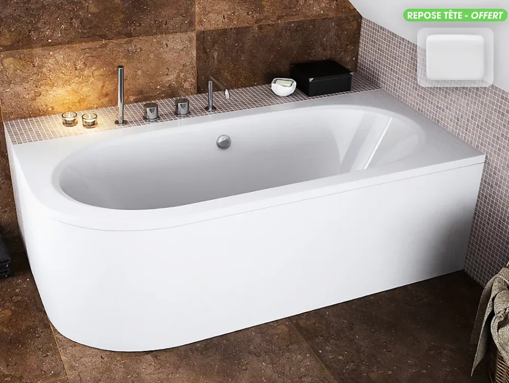 Besco Baignoire d'angle - avec tablier blanc et repose tête offert - AVITA - 150 x 75 cm - Droite