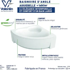 Valentin Baignoire d'angle 140 x 140 cm Aiguebelle + Tablier