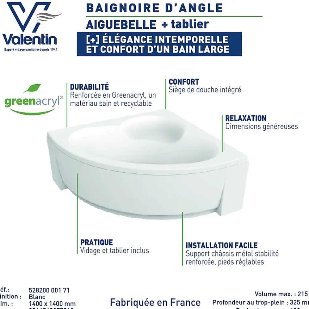 Valentin Baignoire d'angle 140 x 140 cm Aiguebelle + Tablier