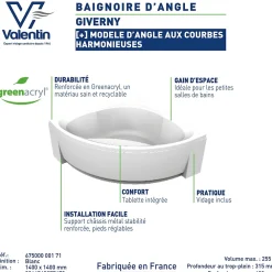 Valentin Baignoire d'angle 140 x 140 cm Giverny sans tablier
