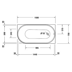 Duravit Baignoire d'angle acrylique salle de bain, vidage de trop plein, 2 places, Coin droite, 150x75x45cm, Blanc, DURADELFI
