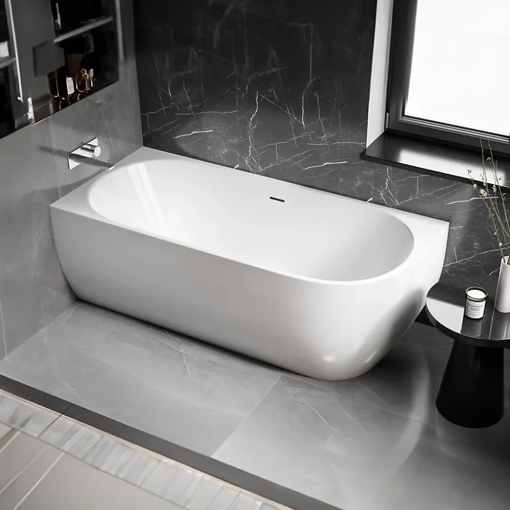 Bernstein Baignoire d'angle Acrylique Ovale pour Salle de Bain + Bonde, Garantie 5 ans, Blanc, 170x75x60cm, Installation gauche, LENA CORNER
