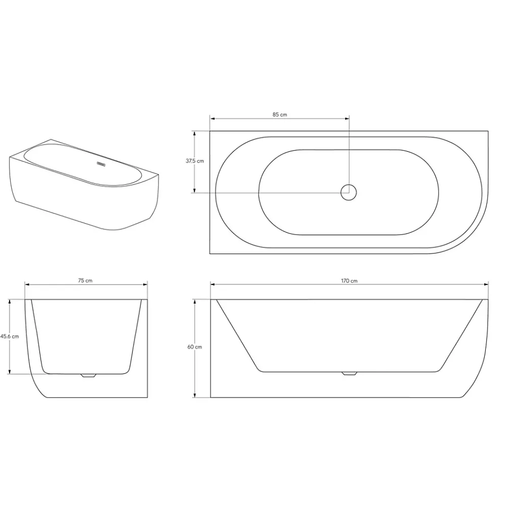 Bernstein Baignoire d'angle Acrylique Ovale pour Salle de Bain + Bonde, Garantie 5 ans, Blanc, 170x75x60cm, Installation gauche, LENA CORNER