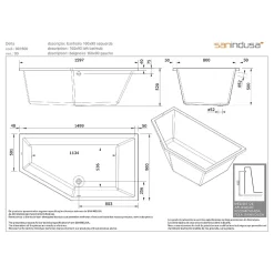 Baignoire D'Angle|Sanindusa Baignoire d'angle asymétrique 160x90 biais à gauche acrylique haute densité Delta blanche livrée avec pieds réglables