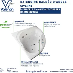 Valentin Baignoire d'angle balnéo 140 x 140 cm Giverny sans tablier