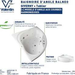 Valentin Baignoire d'angle balnéo 140 x 140 cm Giverny + tablier