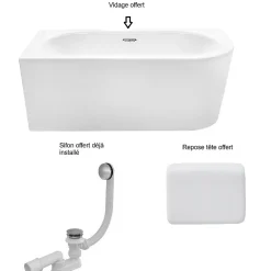 Besco Baignoire d'angle Blanc + Siphon Graphite et Vidage inclus + Repose tête - AVITA S CLASSE - GAUCHE - 170 x 75 cm