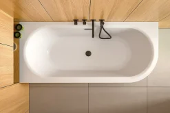 Baignoire Asymétrique|Besco Baignoire d'angle Blanc + Siphon noir et Vidage inclus + Repose tête - AVITA S CLASSE - DROITE - 170 x 75 cm