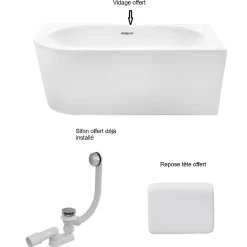 Baignoire Asymétrique|Besco Baignoire d'angle Blanc + Siphon noir et Vidage inclus + Repose tête - AVITA S CLASSE - DROITE - 170 x 75 cm