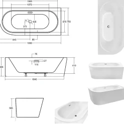 Baignoire Asymétrique|Besco Baignoire d'angle Blanc + Siphon noir et Vidage inclus + Repose tête - AVITA S CLASSE - DROITE - 170 x 75 cm