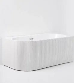 Baignoire D'Angle|Otitec Baignoire d'angle droite avec bonde et vidage - 150 x 75 cm - Blanc brillant rainuré - PERLE