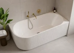 Baignoire D'Angle|Otitec Baignoire d'angle droite avec bonde et vidage - 150 x 75 cm - Blanc brillant rainuré - PERLE