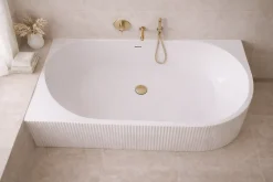 Baignoire D'Angle|Otitec Baignoire d'angle droite avec bonde et vidage - 150 x 75 cm - Blanc brillant rainuré - PERLE