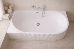 Baignoire D'Angle|Otitec Baignoire d'angle droite avec bonde et vidage - 150 x 75 cm - Blanc brillant rainuré - PERLE