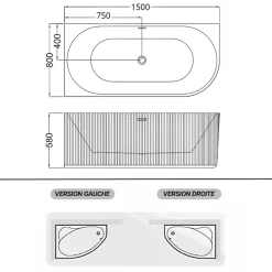Baignoire D'Angle|Otitec Baignoire d'angle droite avec bonde et vidage - 150 x 75 cm - Blanc brillant rainuré - PERLE
