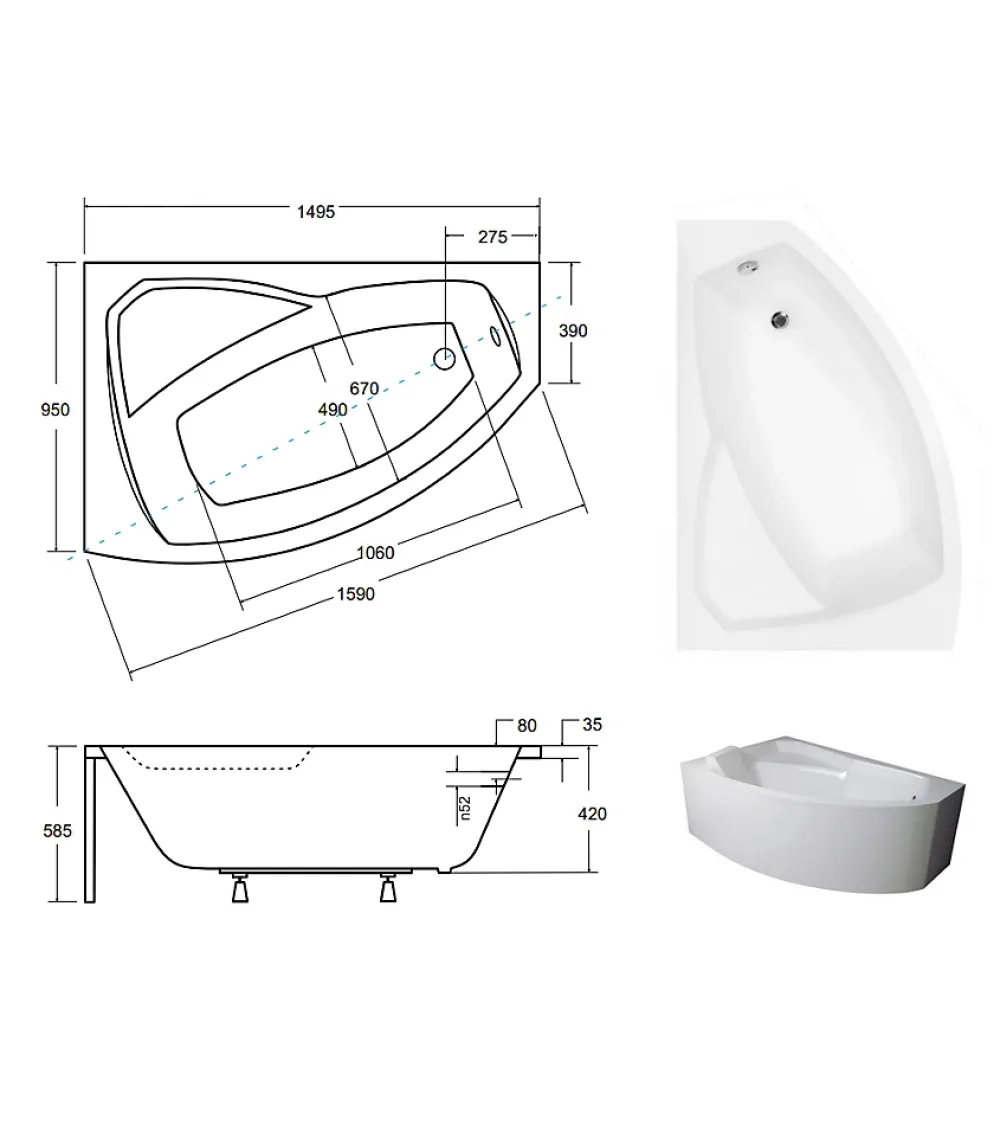 Azura Home Design Baignoire d'angle gauche RIMA avec tablier - 150cm