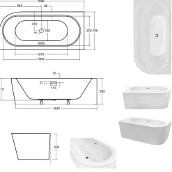 Besco Baignoire d'angle Noir et Blanc + Siphon Blanc et Vidage inclus + Repose tête - AVITA S CLASSE - GAUCHE - 170 x 75 cm