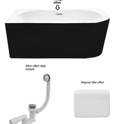 Besco Baignoire d'angle Noir et Blanc + Siphon Doré et Vidage inclus + Repose tête - AVITA S CLASSE - GAUCHE - 170 x 75 cm
