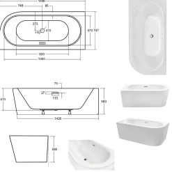 Baignoire Asymétrique|Besco Baignoire d'angle Noir et Blanc + Siphon noir et Vidage inclus + Repose tête - AVITA S CLASSE - GAUCHE - 150 x 75 cm