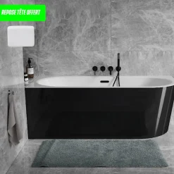 Besco Baignoire d'angle Noir et Blanc + Siphon Graphite et Vidage inclus + Repose tête - AVITA S CLASSE - GAUCHE - 170 x 75 cm