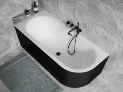 Besco Baignoire d'angle Noir et Blanc + Siphon Blanc et Vidage inclus + Repose tête - AVITA S CLASSE - GAUCHE - 150 x 75 cm