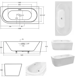 Baignoire Asymétrique|Besco Baignoire d'angle Noir et Blanc + Siphon Doré et Vidage inclus + Repose tête - AVITA S CLASSE - DROITE - 150 x 75 cm