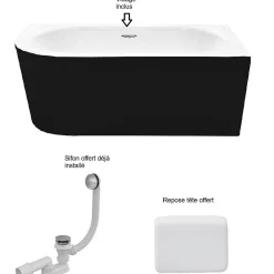 Baignoire Asymétrique|Besco Baignoire d'angle Noir et Blanc + Siphon Blanc et Vidage inclus + Repose tête - AVITA S CLASSE - DROITE - 170 x 75 cm