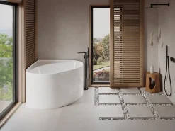 Vente-unique Baignoire d'angle ovale en acrylique - Blanc brillant - 176L - 100 x 100 x 58 cm - MARTA