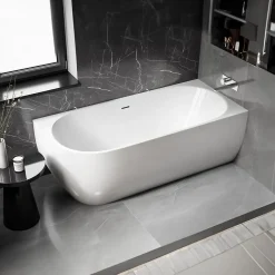 Baignoire Îlot|Bernstein Baignoire d'angle semi-îlot Acrylique Ovale Salle de Bain avec Bonde + trop plein, Blanc, 170x75x60cm, Garantie 5 ans, LENA CORNER