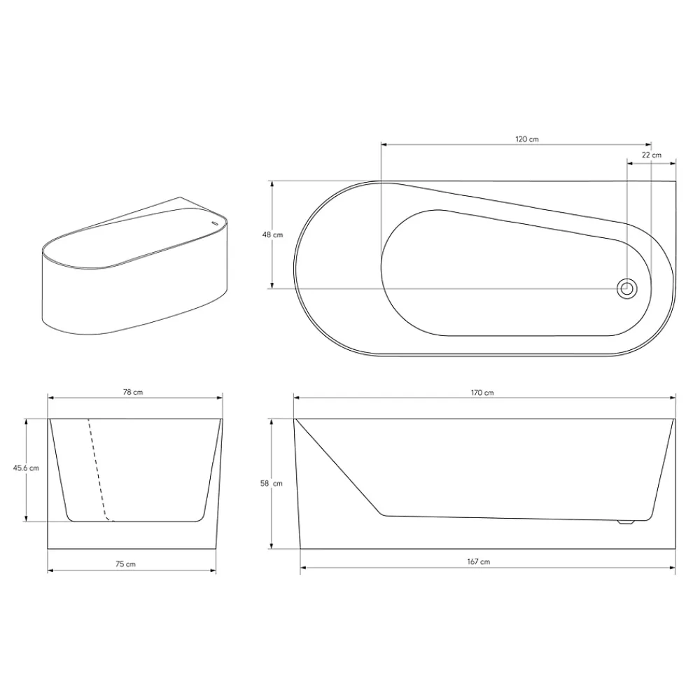 Baignoire D'Angle|Bernstein Baignoire d'angle semi-îlot Acrylique Ovale Salle de Bain avec Bonde + trop plein, Blanc, 170x78x58cm, Garantie 5 ans, ONDA CORNER