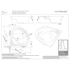 Baignoire D'Angle|Sanindusa Baignoire d'angle 140x140 acrylique haute densité Agres blanche livrée avec pieds réglables (tablier non inclus)