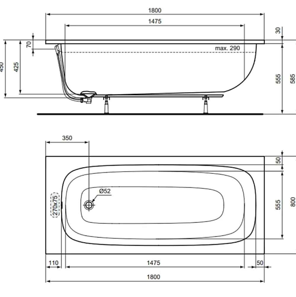 Ideal Standard Baignoire droite 180 x 80 i.Life