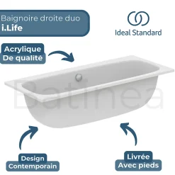 Ideal Standard Baignoire droite 180 x 80 i.life Duo