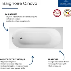 Baignoire Droite|Villeroy & Boch Baignoire droite avec pieds 160 x 70 cm O.Novo Blanc + Pare bain droite AURYS Raywall noir mat