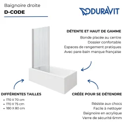 Baignoire Droite|Duravit Baignoire droite D-Code 180 x 85 cm + Pare bain droit AURYS Raywall chromé