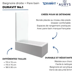 Baignoire Droite|Duravit Baignoire droite No.1 180 x 85 cm + Pare bain droit AURYS Mist 1 chromé