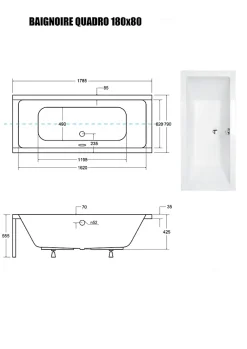 Besco Baignoire Droite sans Tablier - 180 x 80 cm - QUADRO SANS TABLIER - REPOSE-TÊTE MODERN OFFERT