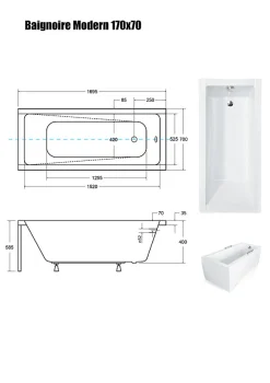 Baignoire Droite|Besco Baignoire Droite sans Tablier - 170 x 70 cm - MODERN SANS TABLIER - REPOSE-TÊTE OFFERT