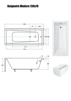 Besco Baignoire Droite sans Tablier - 130 x 70 cm - MODERN SANS TABLIER - REPOSE-TÊTE OFFERT