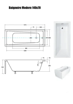 Besco Baignoire Droite sans Tablier - 140 x 70 cm - MODERN SANS TABLIER - REPOSE-TÊTE OFFERT
