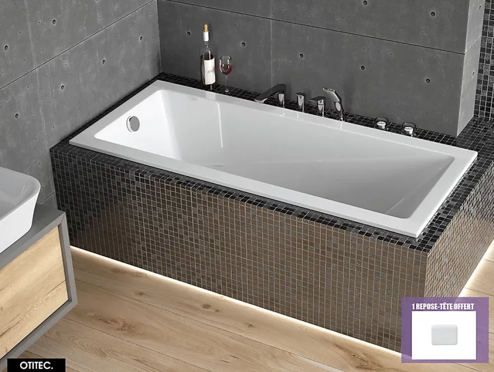 Besco Baignoire Droite sans Tablier - 120 x 70 cm - MODERN SANS TABLIER - REPOSE-TÊTE OFFERT