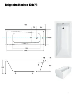 Besco Baignoire Droite sans Tablier - 120 x 70 cm - MODERN SANS TABLIER - REPOSE-TÊTE OFFERT