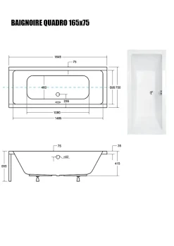 Baignoire Droite|Besco Baignoire Droite sans Tablier - 165 x 75 cm - QUADRO SANS TABLIER - REPOSE-TÊTE OFFERT
