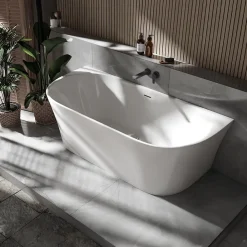 Bernstein Baignoire droite semi-îlot murale ovale acrylique salle de bain, isolation thermique - Blanc - 170x80x57cm - Garantie 5 ans - NORA