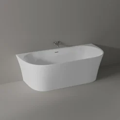 Bernstein Baignoire droite semi-îlot murale ovale acrylique salle de bain, isolation thermique - Blanc - 170x80x57cm - Garantie 5 ans - NORA