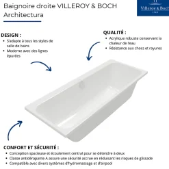 Villeroy & Boch Baignoire droite Architectura avec pieds 170 x 70 cm Blanc + Pare bain droite AURYS Raywall chromé