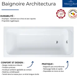 Villeroy & Boch Baignoire droite Architectura acrylique 160 x 70 cm + Pare bain gauche AURYS Mist 1 chromé