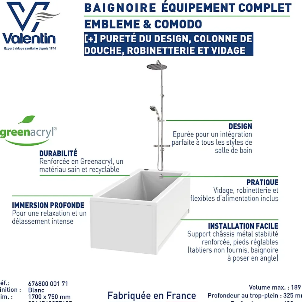 Baignoire Droite|Valentin Baignoire Embleme Comododo solo 170 x 75 cm sans tablier + Colonne de douche