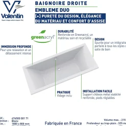 Baignoire Droite|Valentin Baignoire Embleme Duo 180 x 80 cm sans tablier