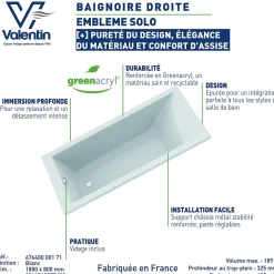 Valentin Baignoire Embleme solo 170 x 75 cm sans tablier